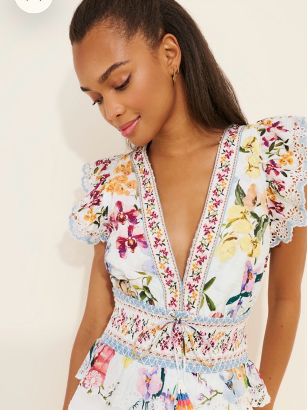 FARM Rio Greek Floral V-Neck Lace-Trim Peplum Top